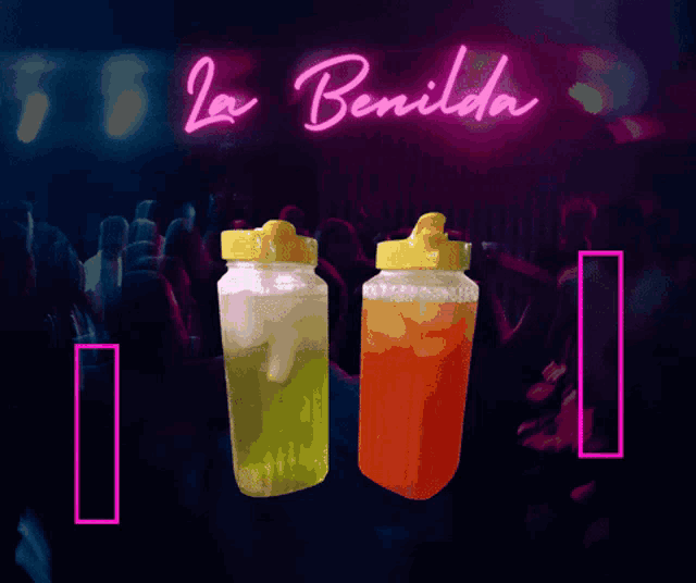 a neon sign advertises la benilada cocktails with two bottles of drinks