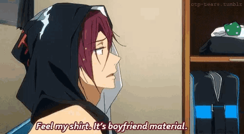 a man in a black hoodie is saying feel my shirt it 's boyfriend material