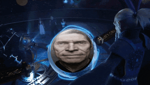 a picture of a man 's face is displayed in a futuristic setting