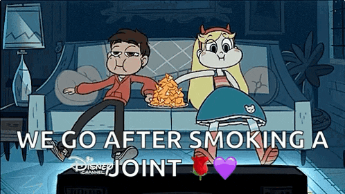 a couple of cartoon characters sitting on a couch with the words " we go after smoking a joint "