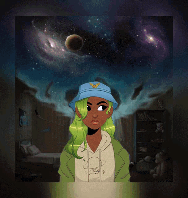 a cartoon of a girl with green hair and a blue hat