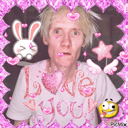 a picture of a man with hearts and the words love you on it