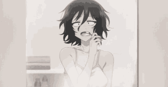 a girl with short black hair is brushing her teeth in a bathroom