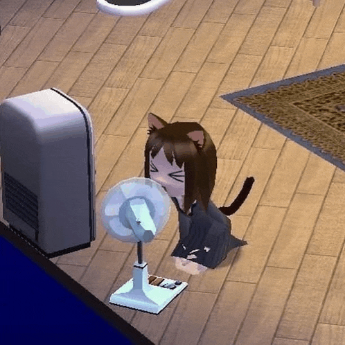 a cartoon girl with cat ears is sitting in front of a fan