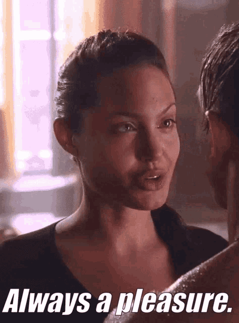 a woman talking to a man with the words " always a pleasure " written below her