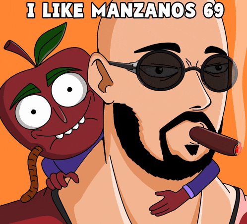 a cartoon of a man smoking a cigar next to an apple with the words i like manzanos 69 on the bottom