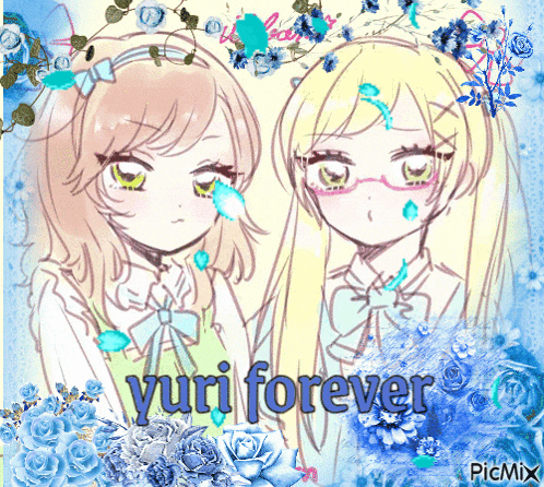 a picture of two anime girls with the words yuri forever in the corner