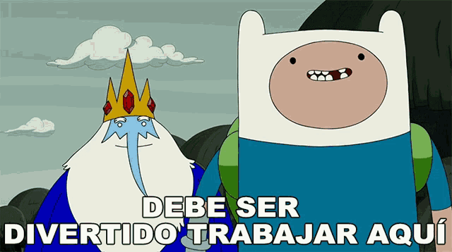 a cartoon of ice king and finn with the words debe ser divertido trabajar aqui