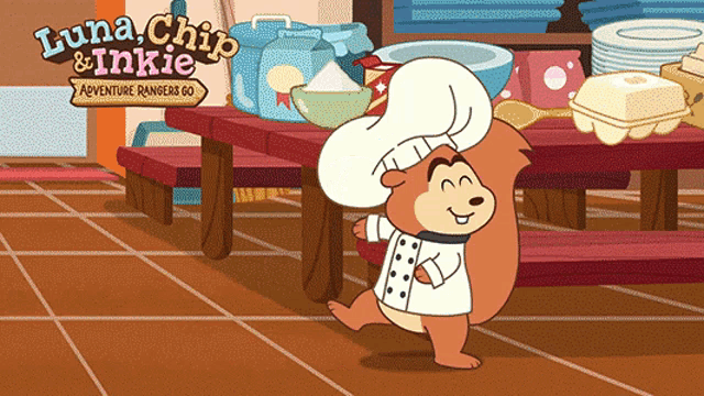 a cartoon of a squirrel wearing a chef 's hat with luna chip and inkie adventure rangers go