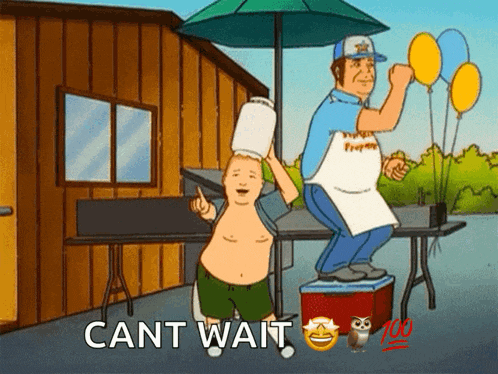 a cartoon shows a man holding balloons and the words cant wait below him