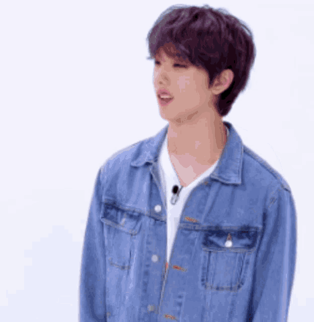 a young man with purple hair is wearing a denim jacket and white shirt .