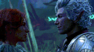 a man with gray hair and a woman with red hair are looking at each other ..