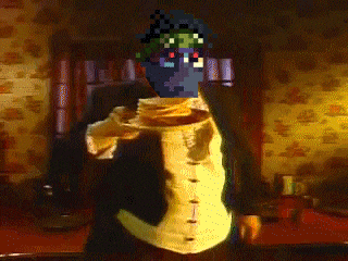 a painting of a man holding a plate of pancakes
