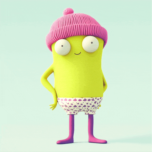 a yellow cartoon character wearing a pink hat and pink underwear