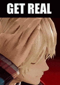 a video game character is covering his face with his hands and the words get real are visible