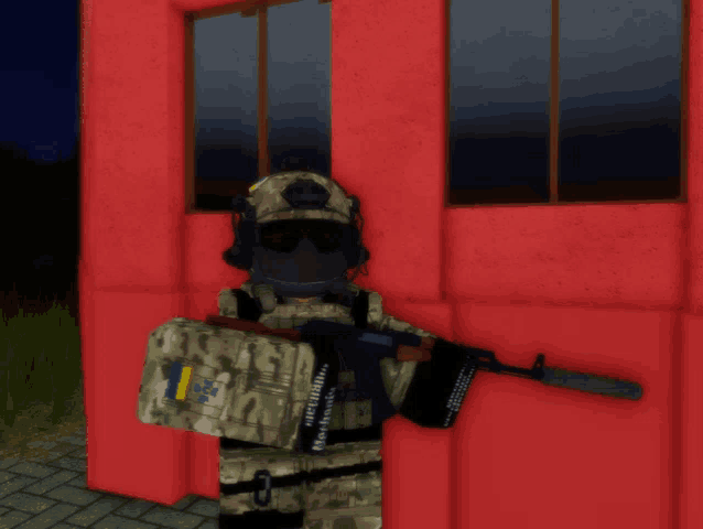 a soldier holding a gun and a shield that says no security