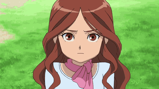a girl with long brown hair is wearing a white shirt and a pink scarf