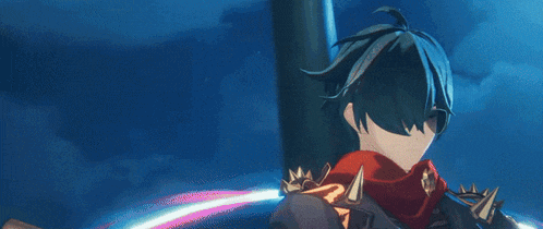 a cartoon character with a red scarf around his neck is holding a sword .