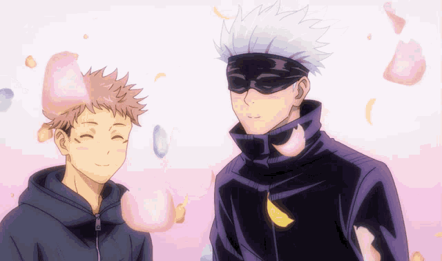 two anime characters standing next to each other with petals flying around them