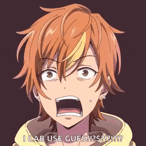 a close up of a person 's face with their mouth open and the words `` i cab use gufs '' .