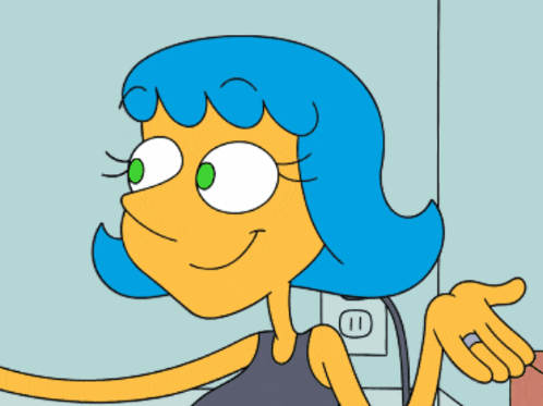 a cartoon character with blue hair is talking on a phone