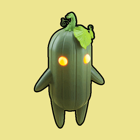 a cartoon drawing of a green vegetable with yellow eyes