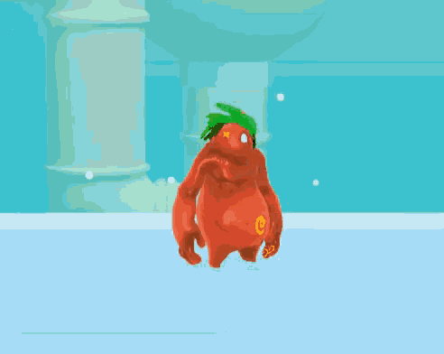a red cartoon character with a green hat on
