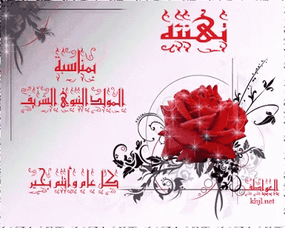 a greeting card with a red rose and arabic writing