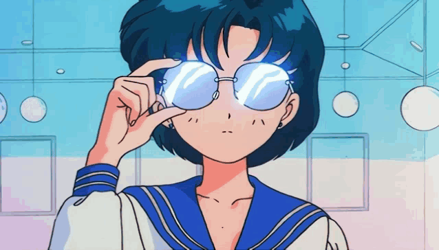 a girl with blue hair is wearing glasses and a sailor suit