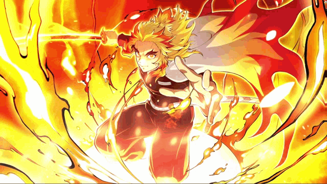 a cartoon character is holding a sword and surrounded by fire and flames