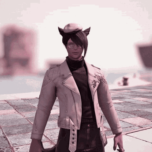 a man with cat ears wearing a white jacket and a white hat