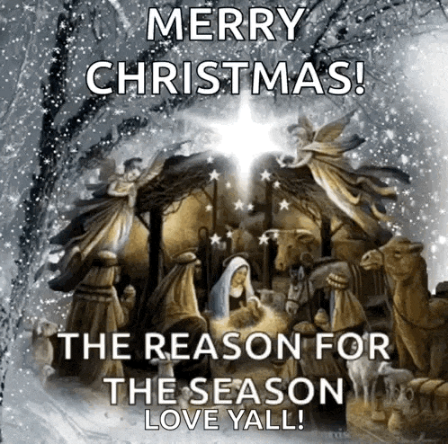 a nativity scene with the words merry christmas the reason for the season love y'all