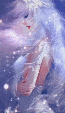 a woman with long white hair and a flower in her hair is standing in the dark .