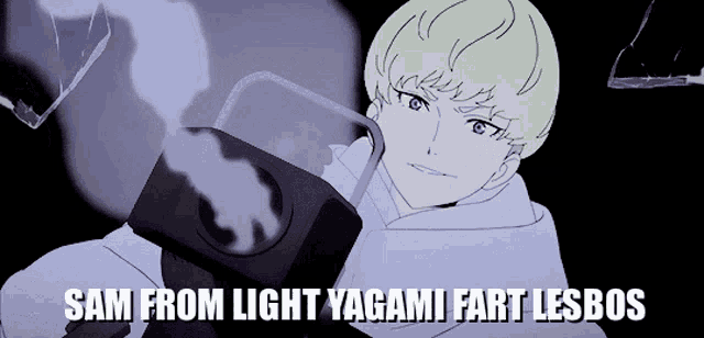 a cartoon of a boy with the words sam from light yagami fart lesbos on the bottom