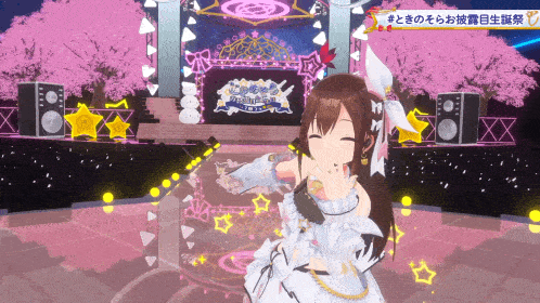 a girl in a white dress stands on a stage with a sign that says ' cherry blossom festival '