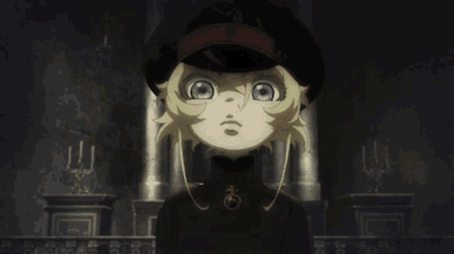a cartoon character is standing in a dark room with candles behind her