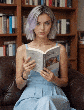 a woman sitting on a couch reading a book titled " a few lines "