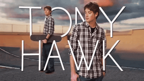 a man in a plaid shirt is holding a skateboard with the name tony hawk written above him