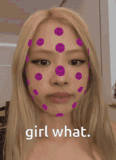 a woman with purple smiley faces on her face and the words girl what on the bottom