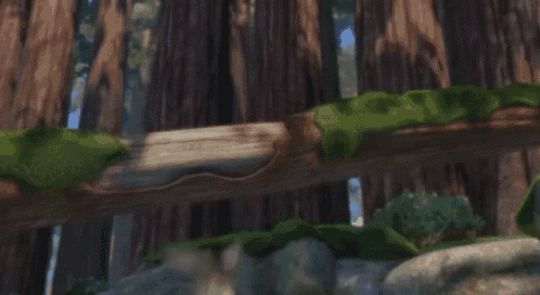 a cartoon frog is walking through a forest .