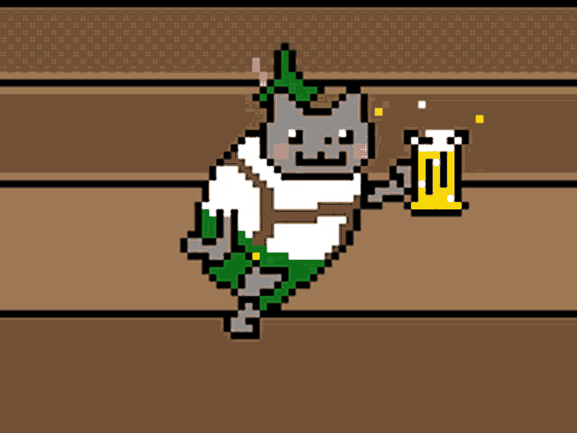 a pixel art of a cat holding a mug of beer