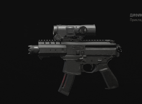 a black rifle with a scope on top of it and the number 10 on the side