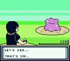 a pixel art of a man holding a pokemon ball and talking to a pokemon .