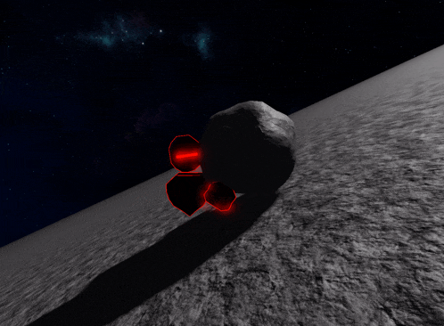 a computer generated image of a rock on the moon with red lights around it