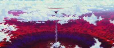 an aerial view of a red and purple landscape with a pyramid in the distance