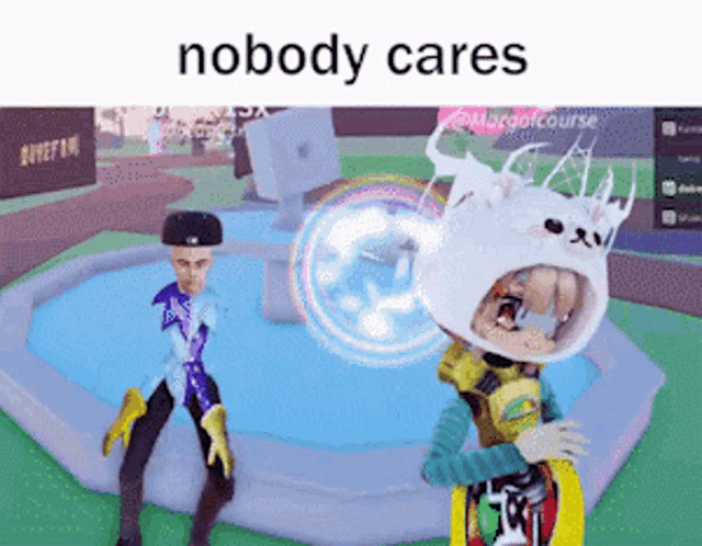 a man in a cat costume is standing in front of a fountain with the words nobody cares above him