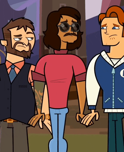 three cartoon characters standing next to each other with one wearing sunglasses and the letter c on his jacket