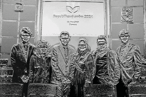 a group of people standing in front of a sign that says republic