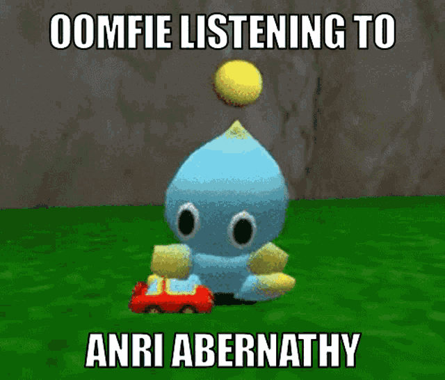 a cartoon character is sitting in the grass with the words " oomfie listening to anri abernathy " on the bottom