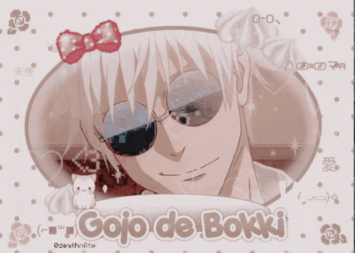 a picture of a boy with sunglasses and the words gojo de bokki on the bottom